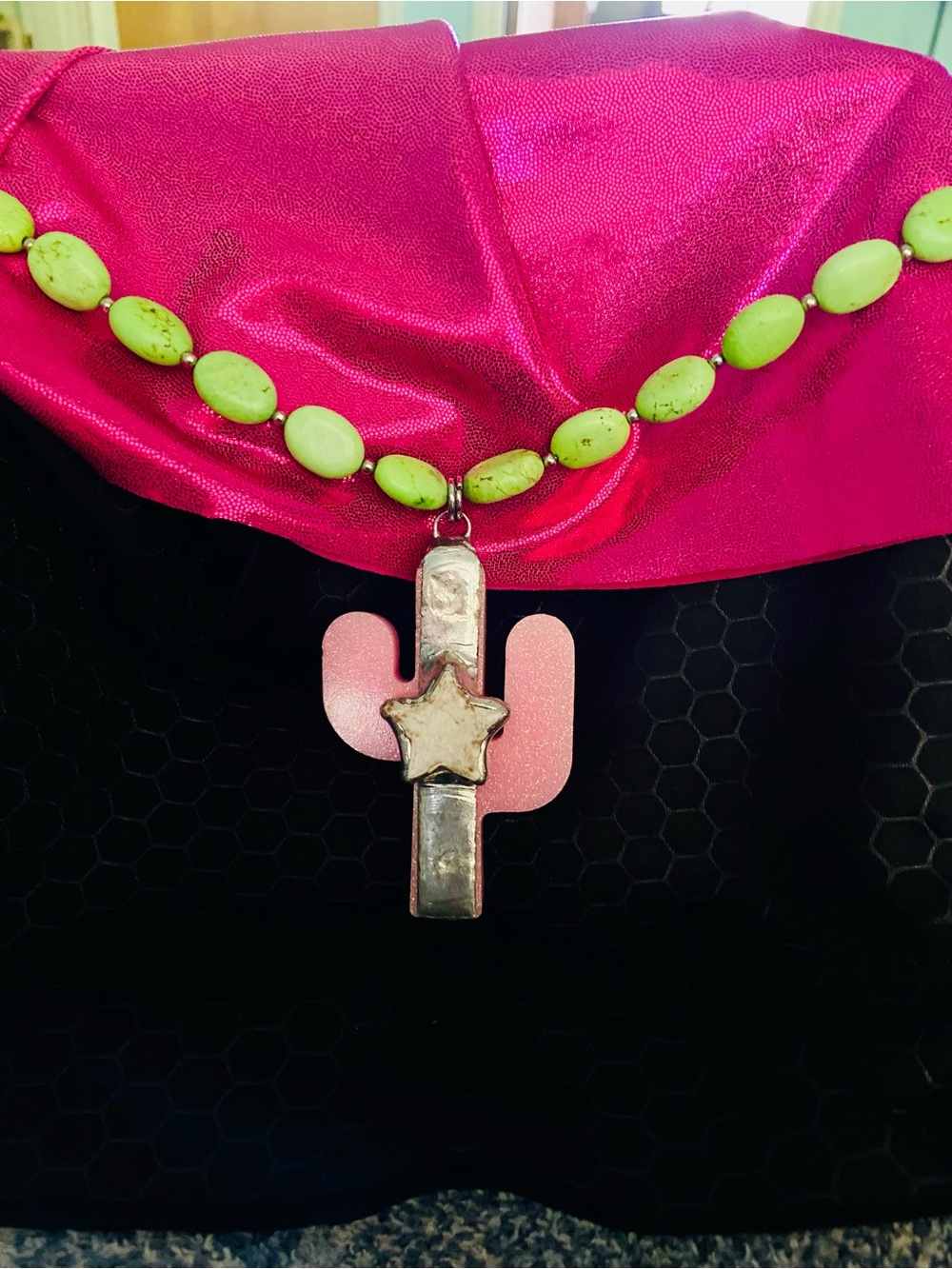 💖🌵Handmade Soldered Pink Cactus Pendant with Lime-colored Natural Stone Beads